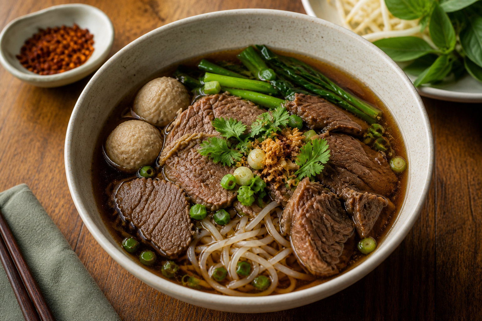 ชามก๋วยเตี๋ยวเนื้อร้อนพร้อมสมุนไพร