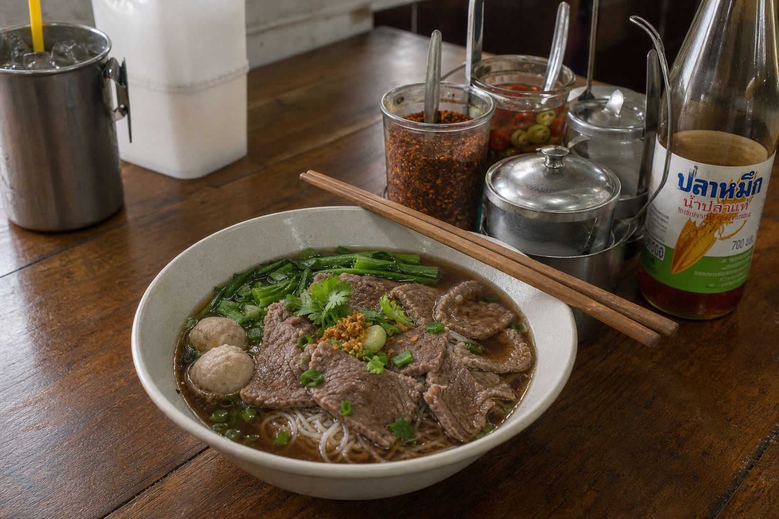 ก๋วยเตี๋ยวเนื้อพร้อมชุดเครื่องปรุงแบบไทย