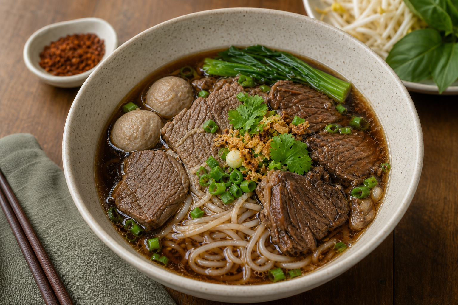 ก๋วยเตี๋ยวเนื้อตุ๋นและน้ำซุปสไตล์อยุธยา